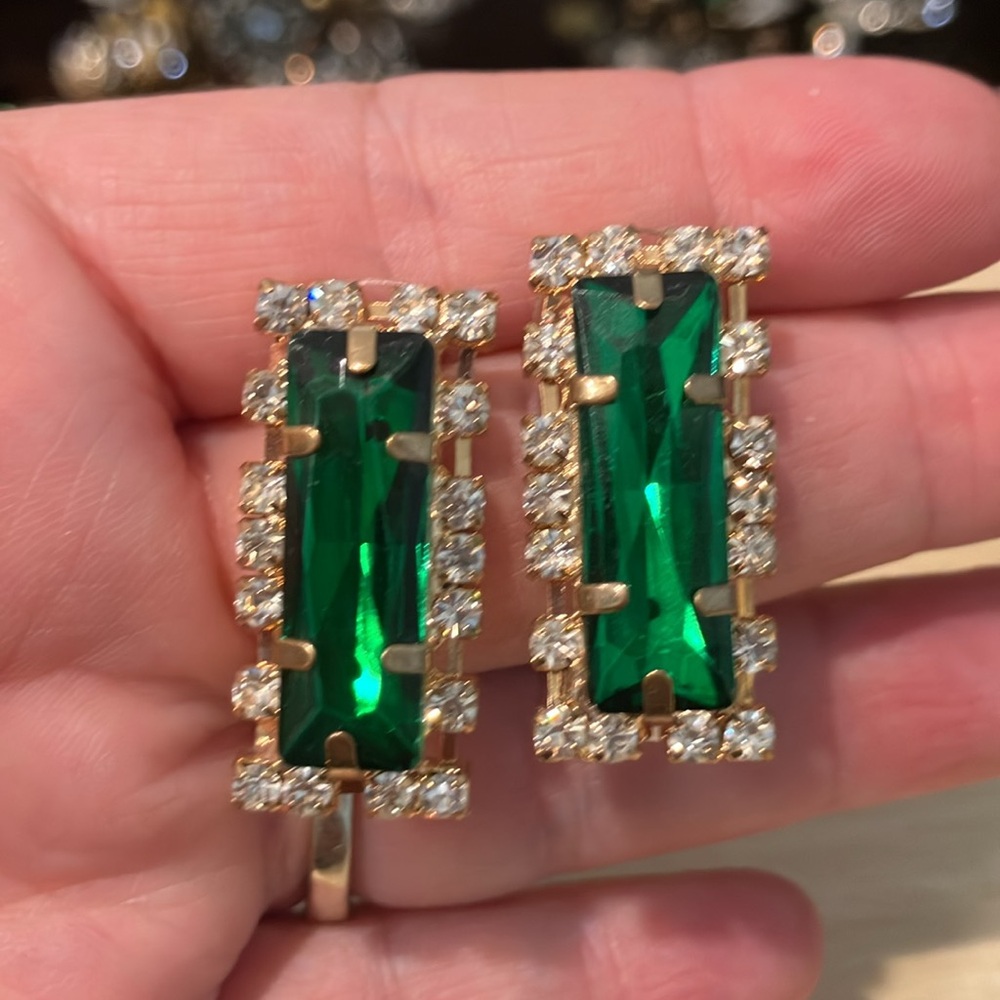 Green and Gold Earrings Rhinestones - Picture 7 of 7
